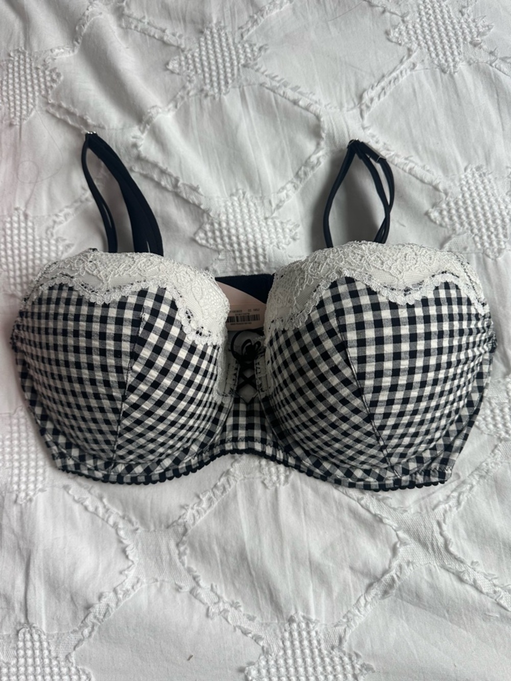 Victoria's Secret Black and White Gingham Lace-Trim Bra